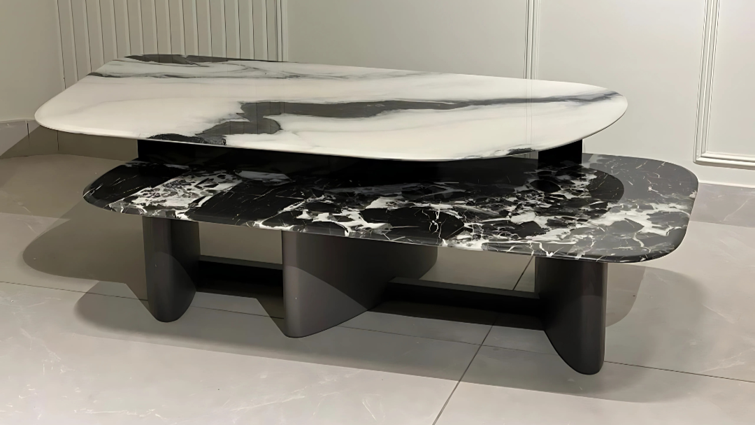 Modern dual-layer marble center coffee table with bold black and white contrast