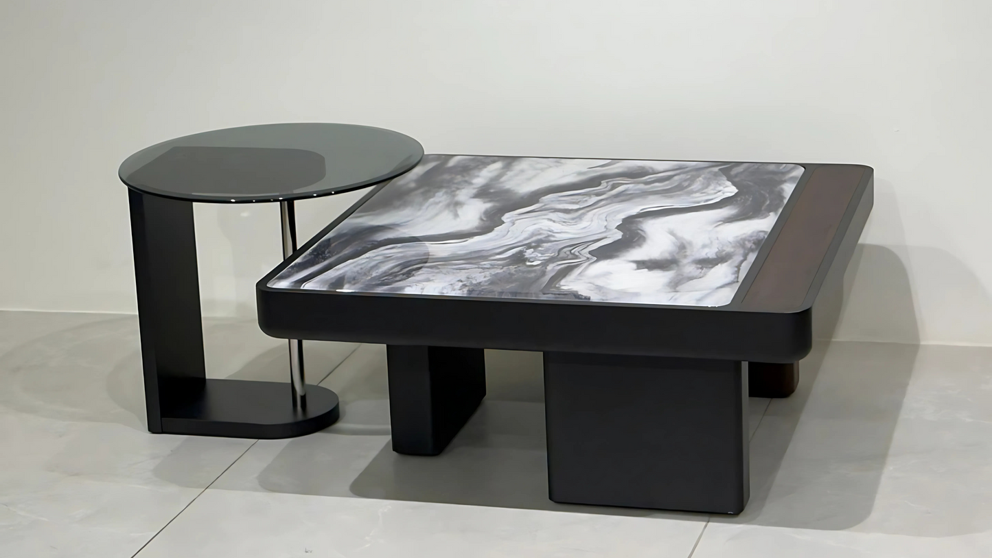 Grey marble and black square designer center coffee table set with sculptural smoked glass side – TAS Living