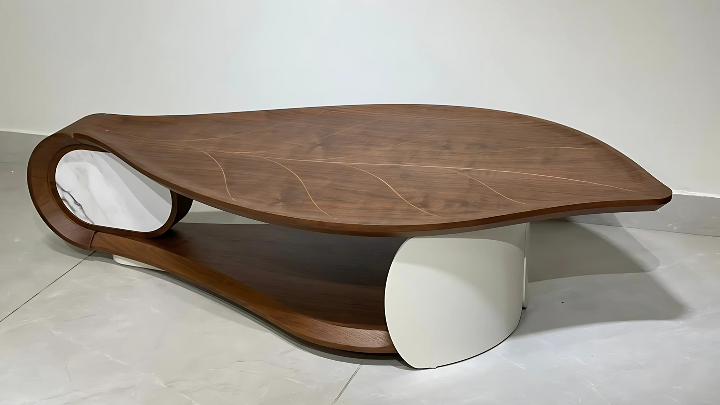 Organic walnut leaf-shaped designer center coffee table with sculptural white base – TAS Living