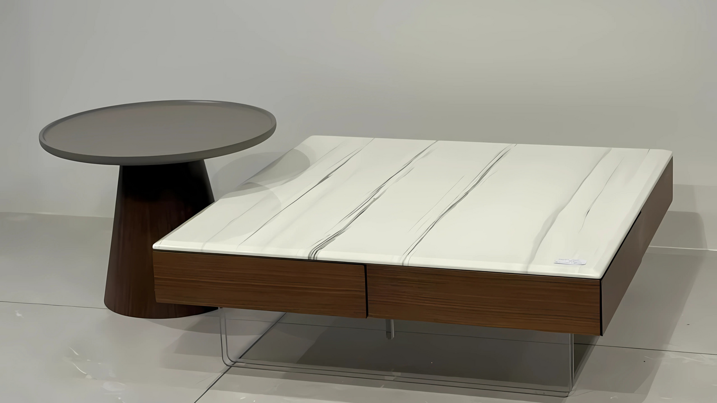 Modern marble and walnut center table with acrylic base and round taupe side companion