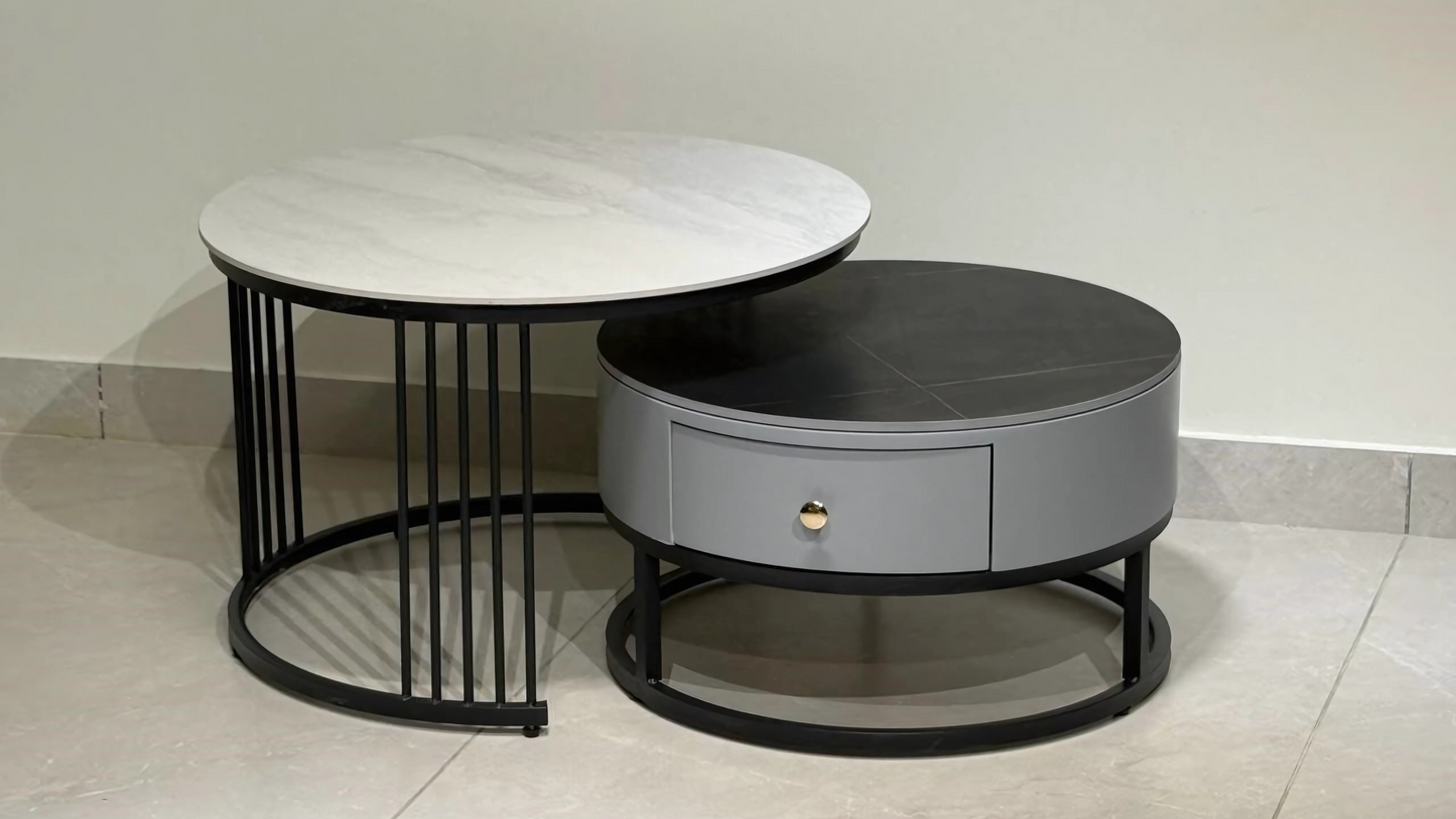 Luxury round black metal and marble 1+1 center coffee table with drawer – TAS Living