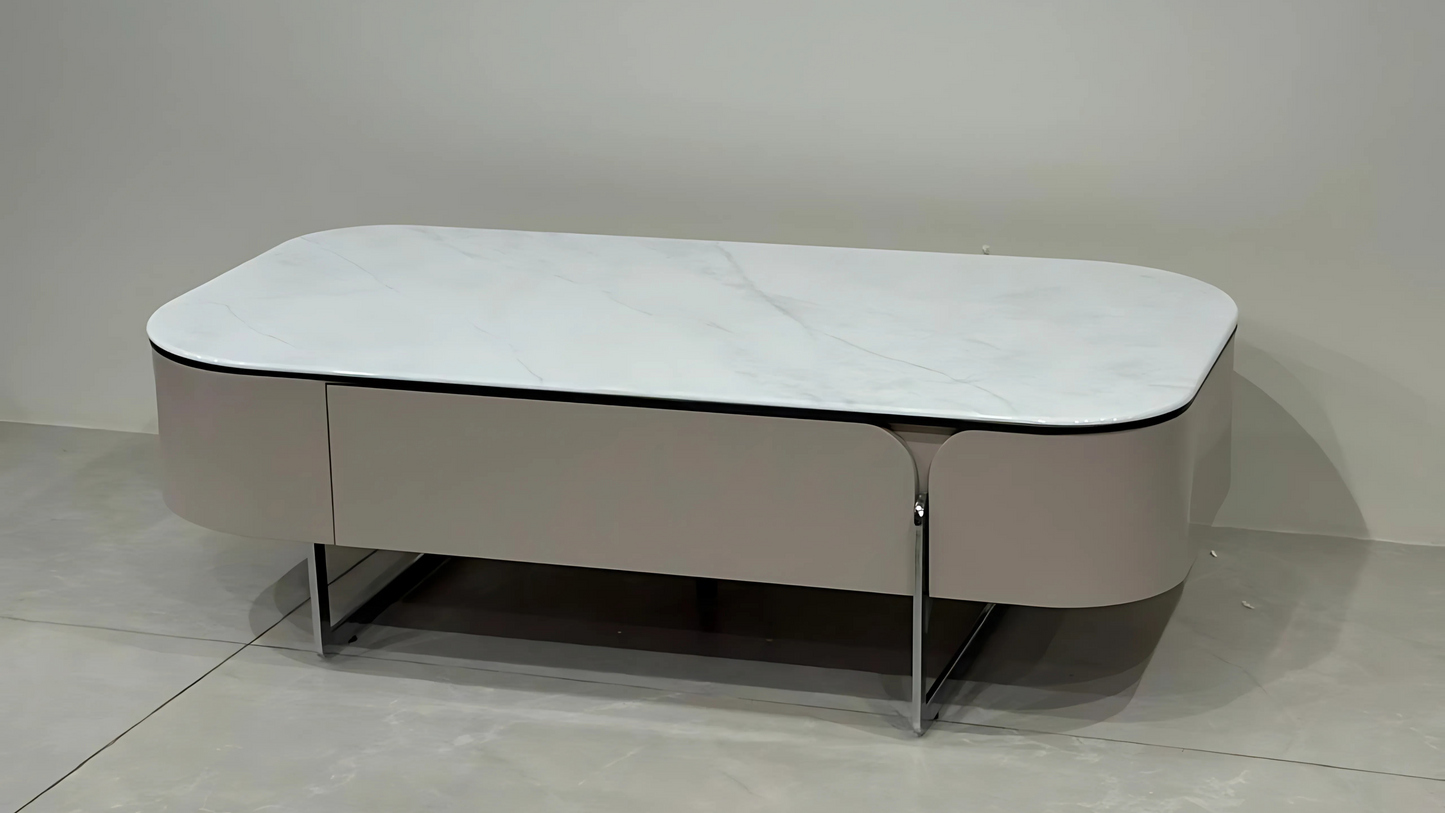 Luxury taupe rectangular center table with white marble top and chrome base