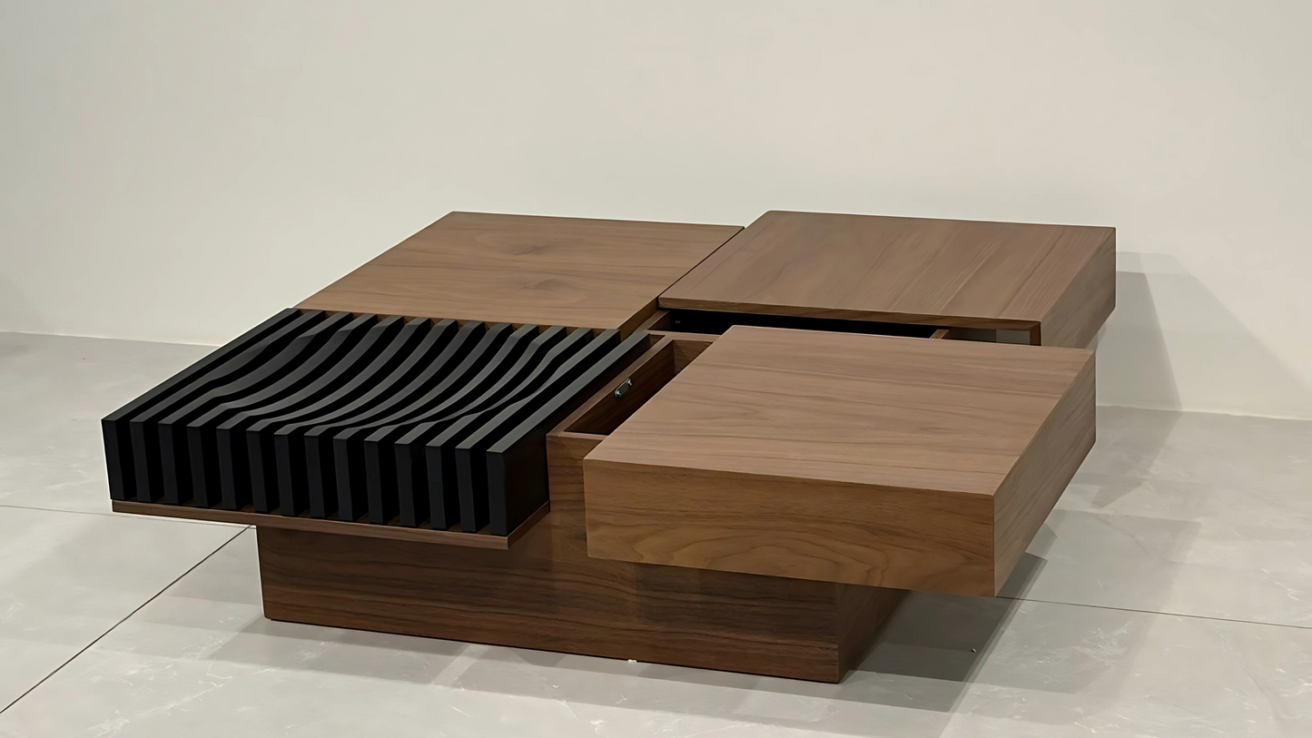 Architectural walnut center table with wave texture and hidden compartments