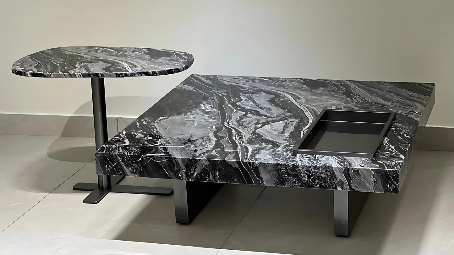 Black veined marble twin center coffee table set with integrated tray and modern metal base