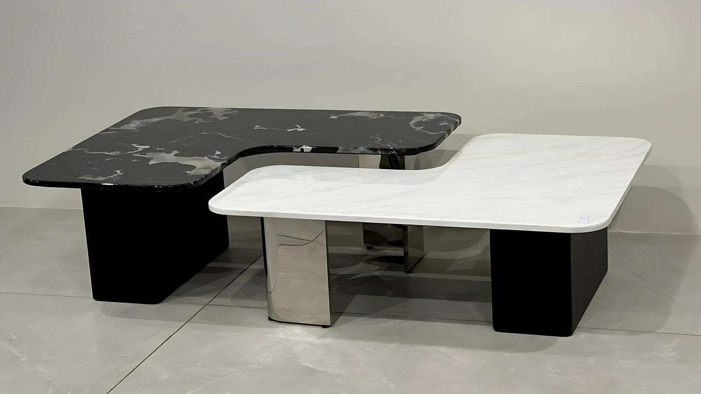 Sculptural black and white marble L-shaped center coffee table with chrome and matte base