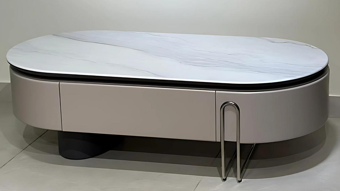 Curved circular marble top center table with hidden storage in soft matte taupe finish