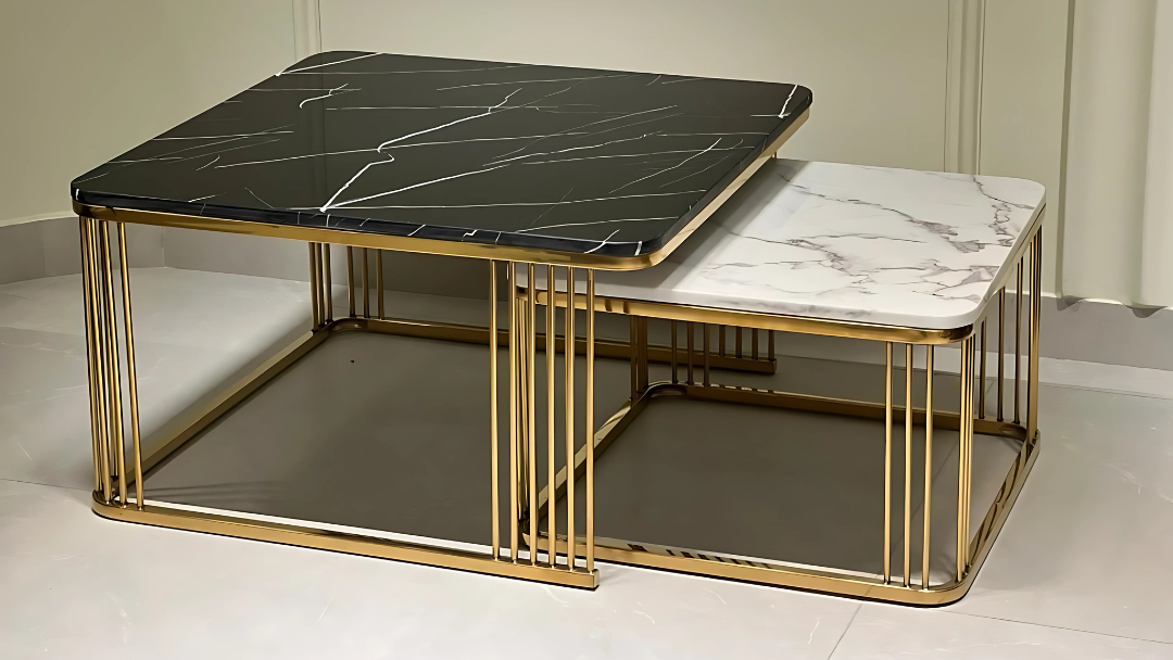 Luxury nesting coffee table set with black and white marble tops and gold frame