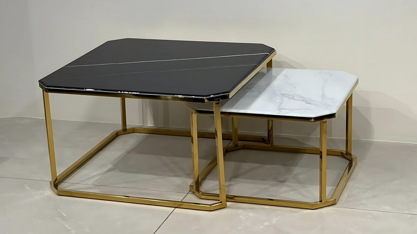 High-end marble coffee table set with black and white tops and gold metal frame