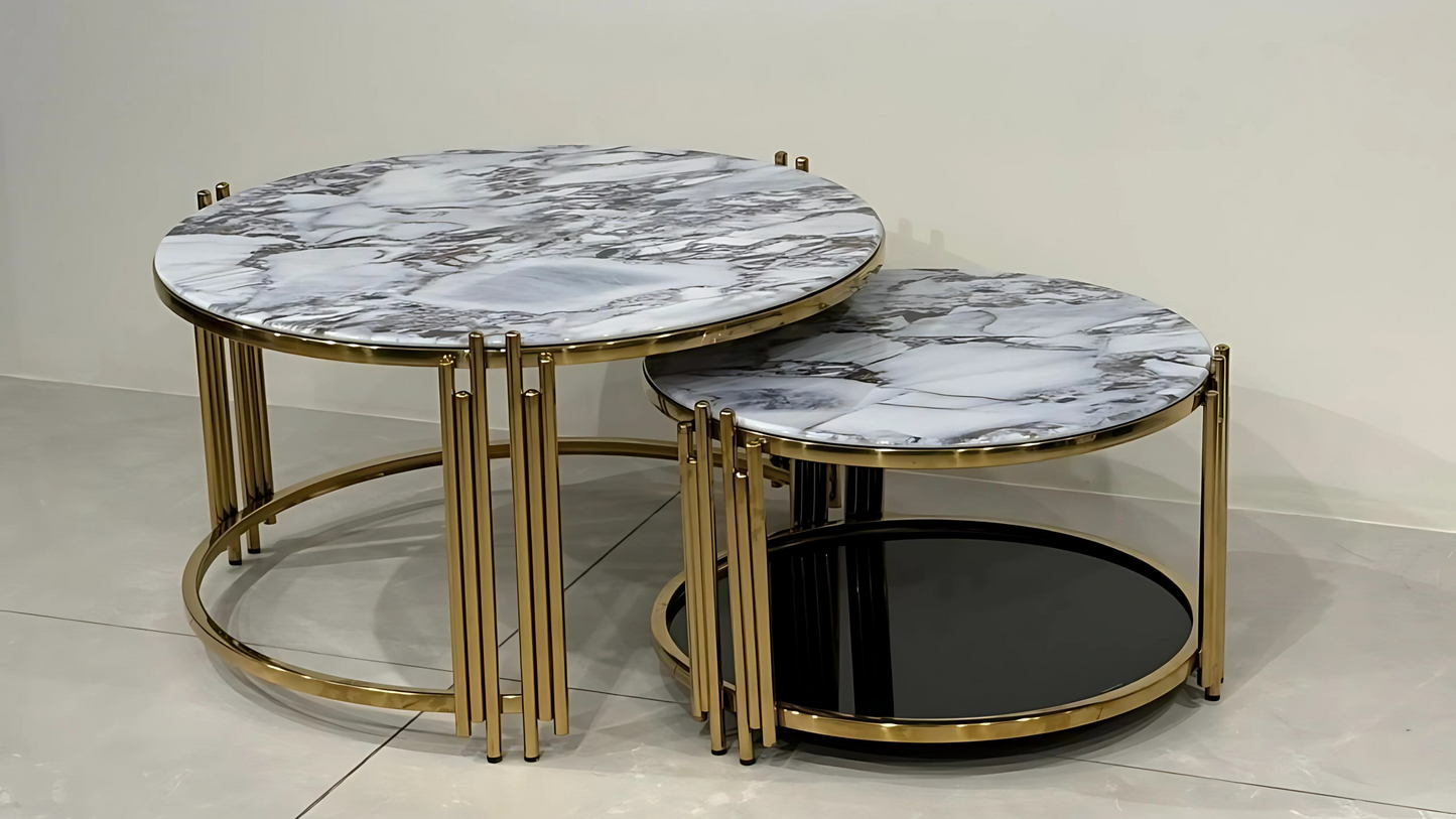 Round marble nest center tables with gold metal base and dual-tone veined tops