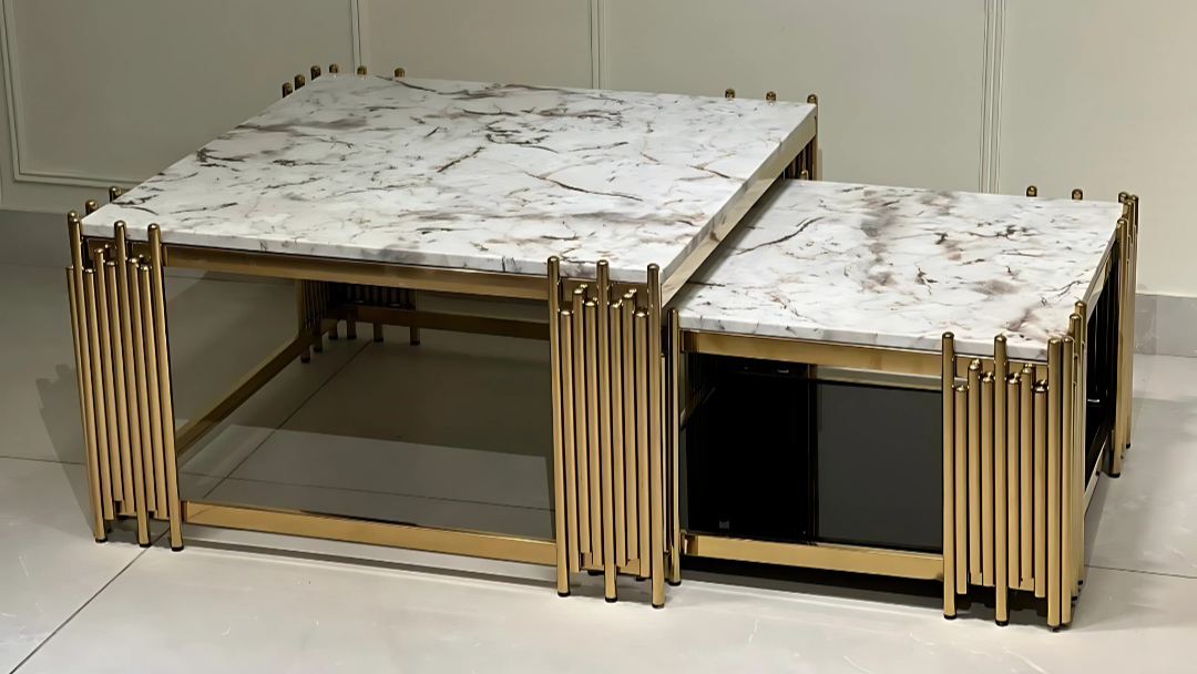 Set of three marble top nesting center tables with golden frame