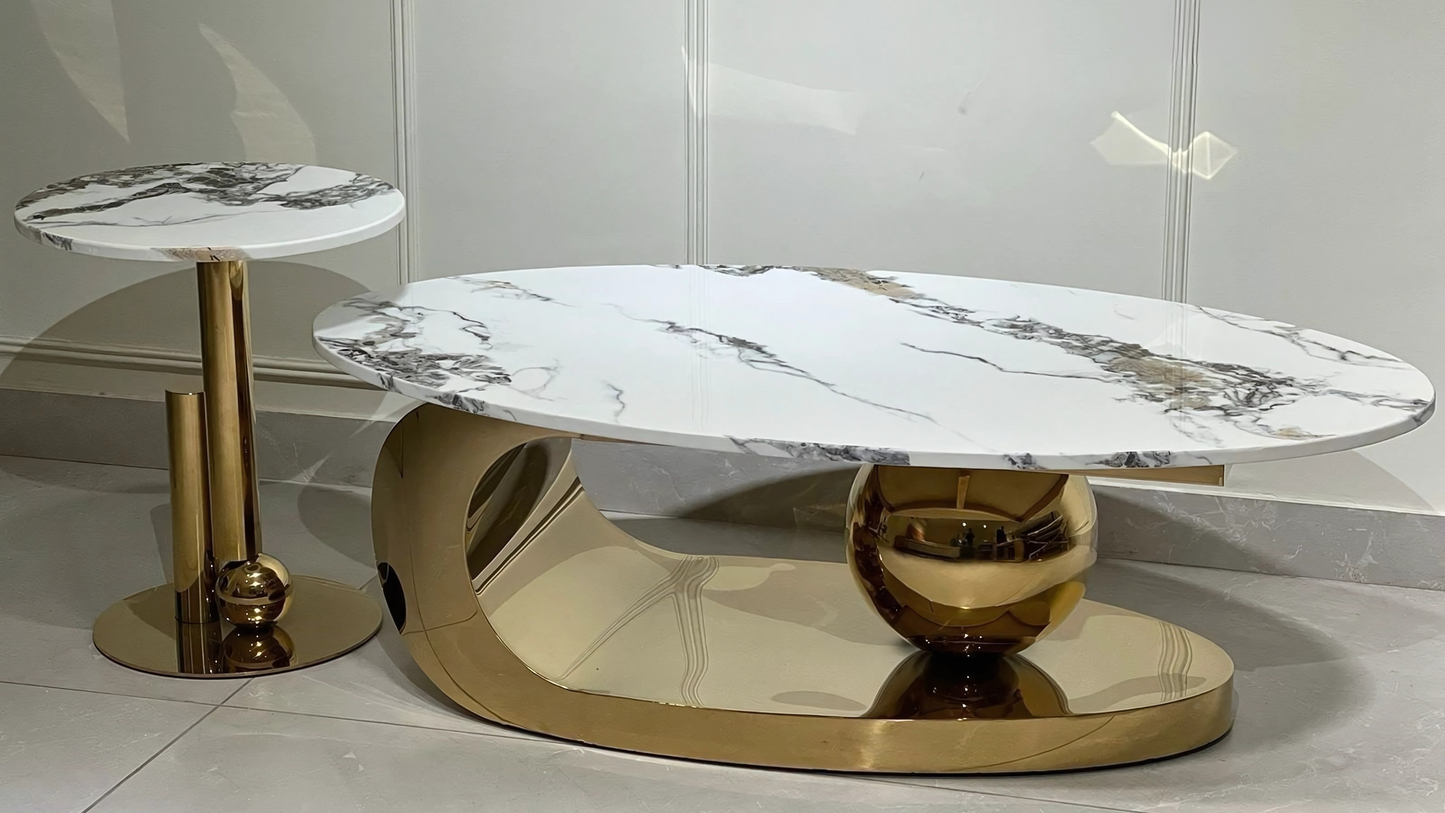 Designer white marble and gold sculptural center coffee table set with artistic base – TAS Living
