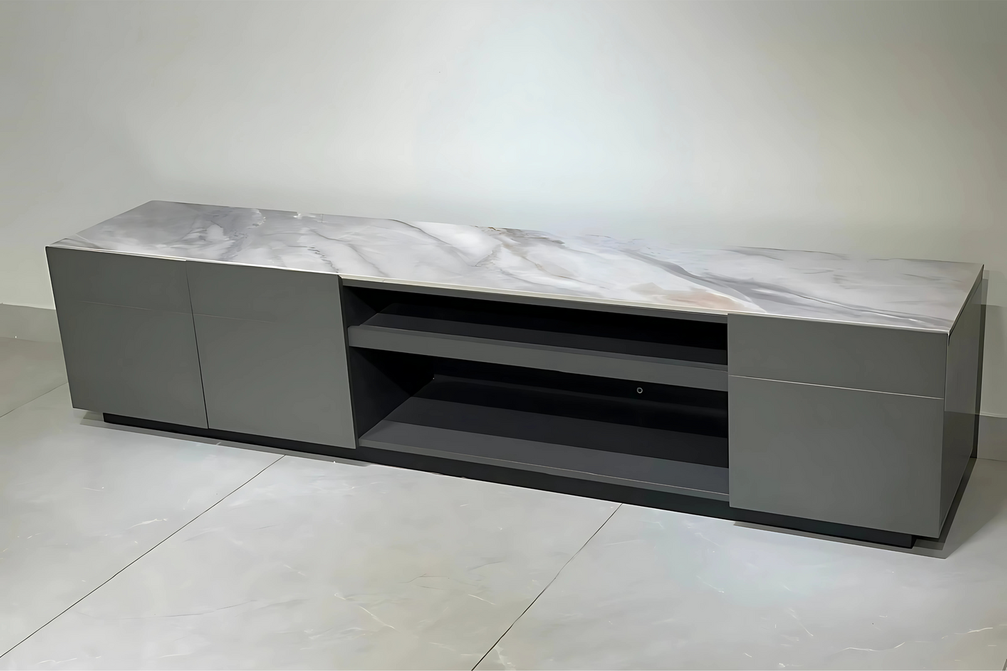 Eclipse Grey LED TV Runner with marble top and matte grey storage console – luxury modern media unit