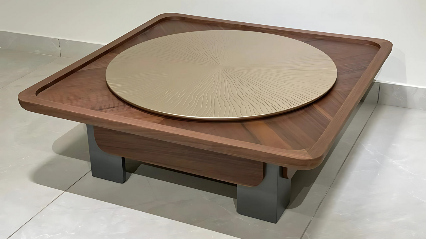 Walnut square center coffee table with gold engraved round top – TAS Living