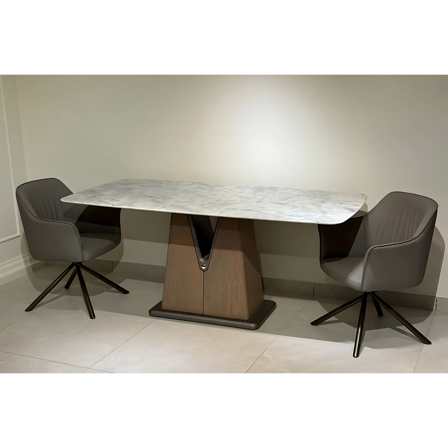 A dining table with a marble top, brown wooden base, and two gray chairs with black legs.