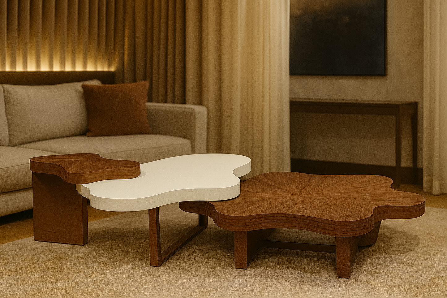 Triple-tier abstract center coffee table in walnut wood and ivory white lacquer