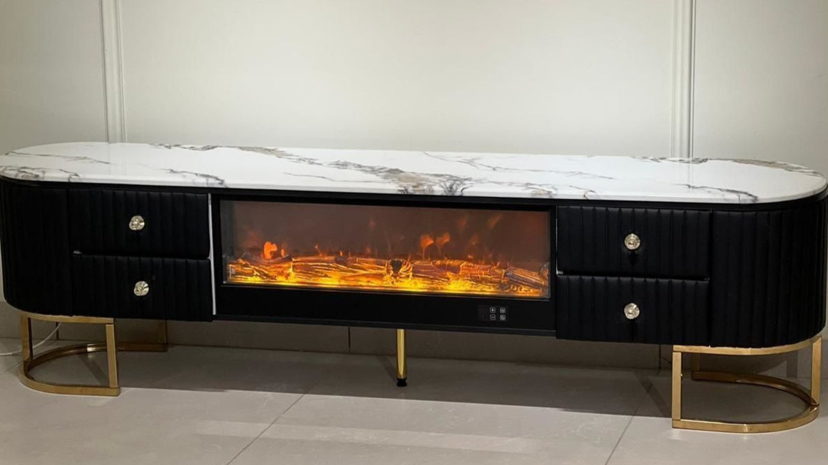 Aurora Luxe Flame Console in black with marble top and golden legs – luxury LED runner with fireplace effect
