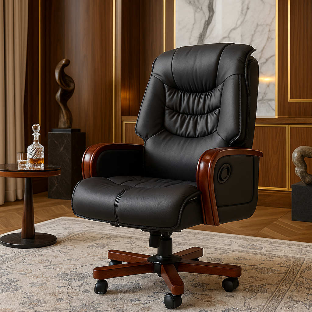 Black leather office chair with wooden accents in a room with marble walls and a small table.