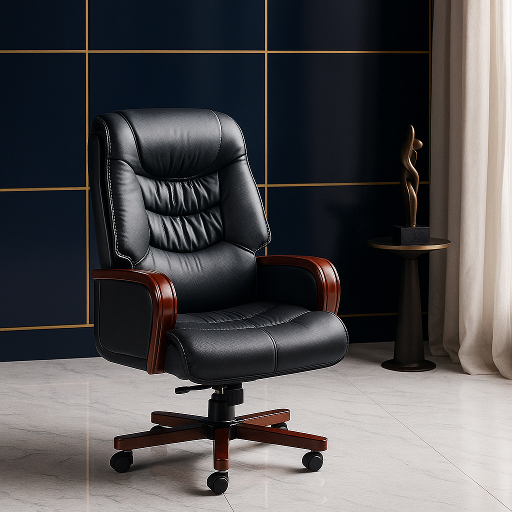 Black leather office chair in a room with dark blue walls and a small table.