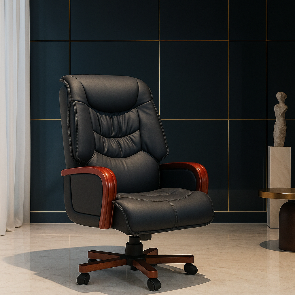 Black leather office chair with wooden armrests in a room with dark tiled walls.