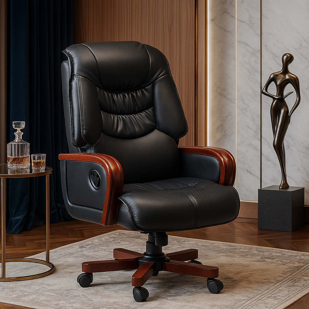 Black leather office chair with wooden accents in a room setting.