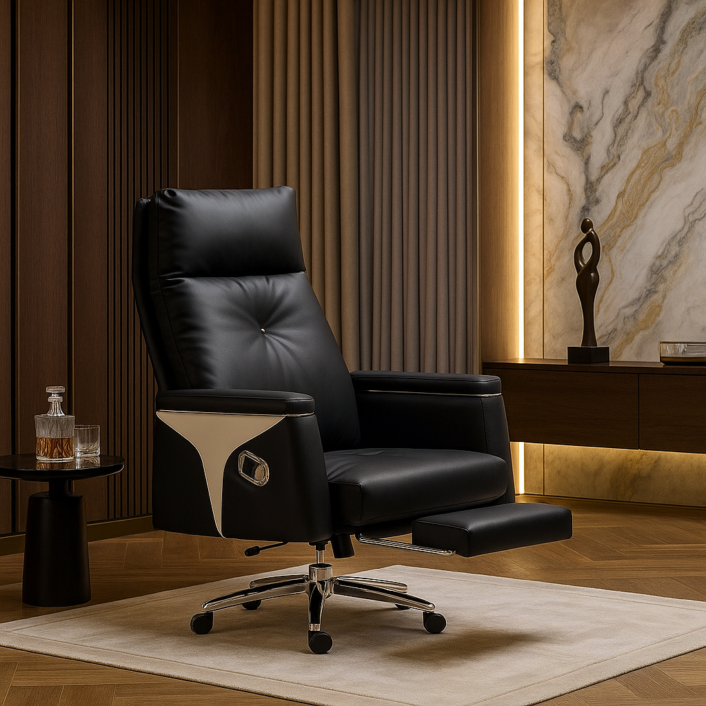 Black leather recliner chair in a luxurious room with marble wall and side table.