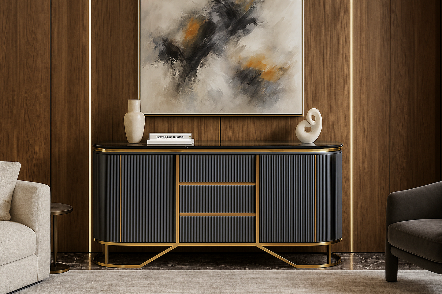 Modern interior with a stylish sideboard, abstract painting, and decorative items.