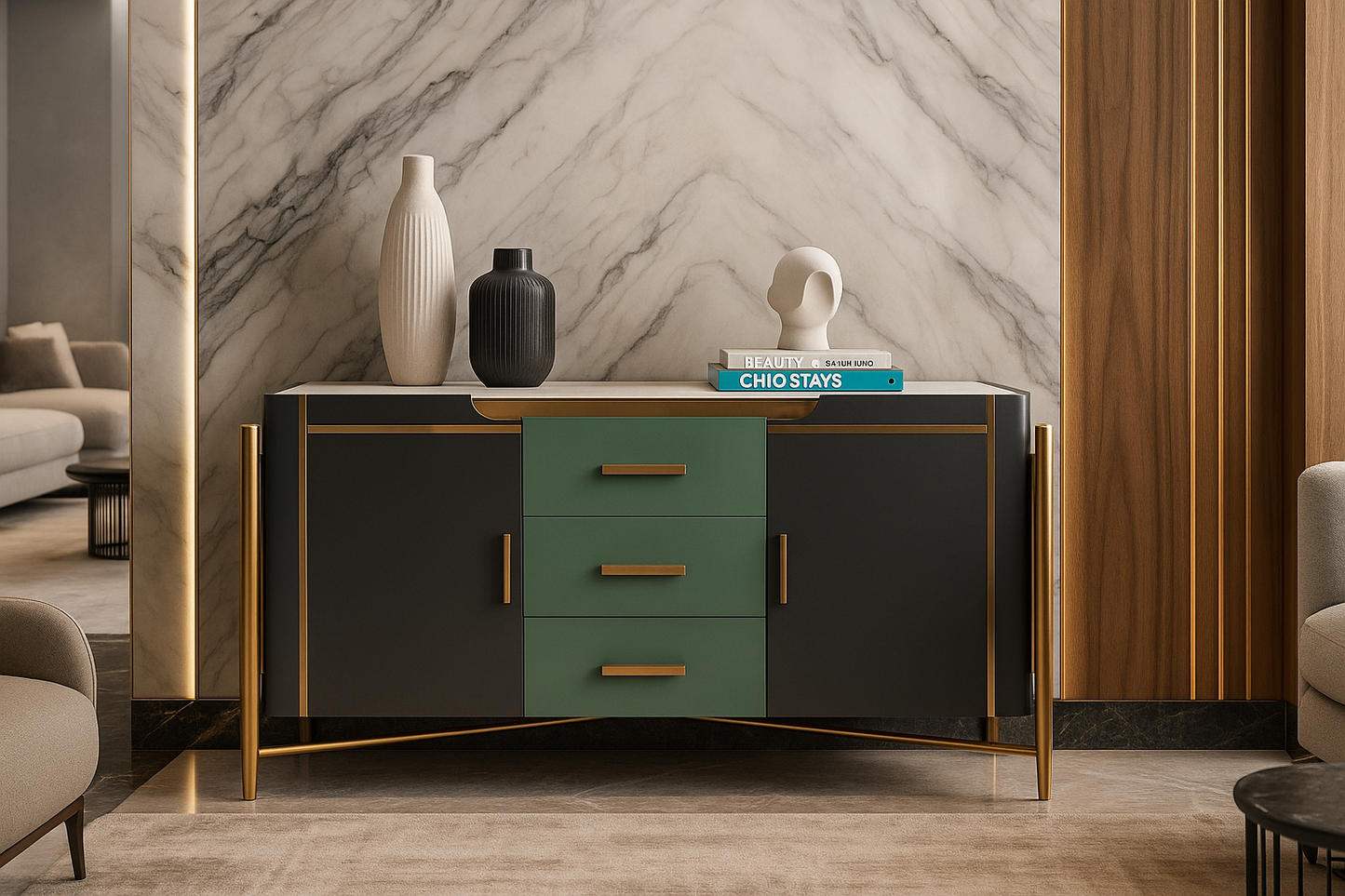 Modern sideboard with decorative items in a stylish living room setting