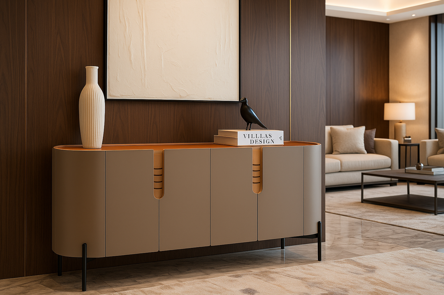 Modern living room with a stylish sideboard, vase, and decor items.