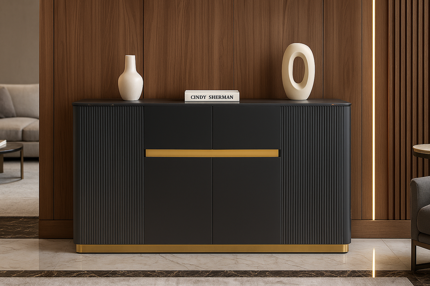 Modern black sideboard with gold accents in a stylish room.