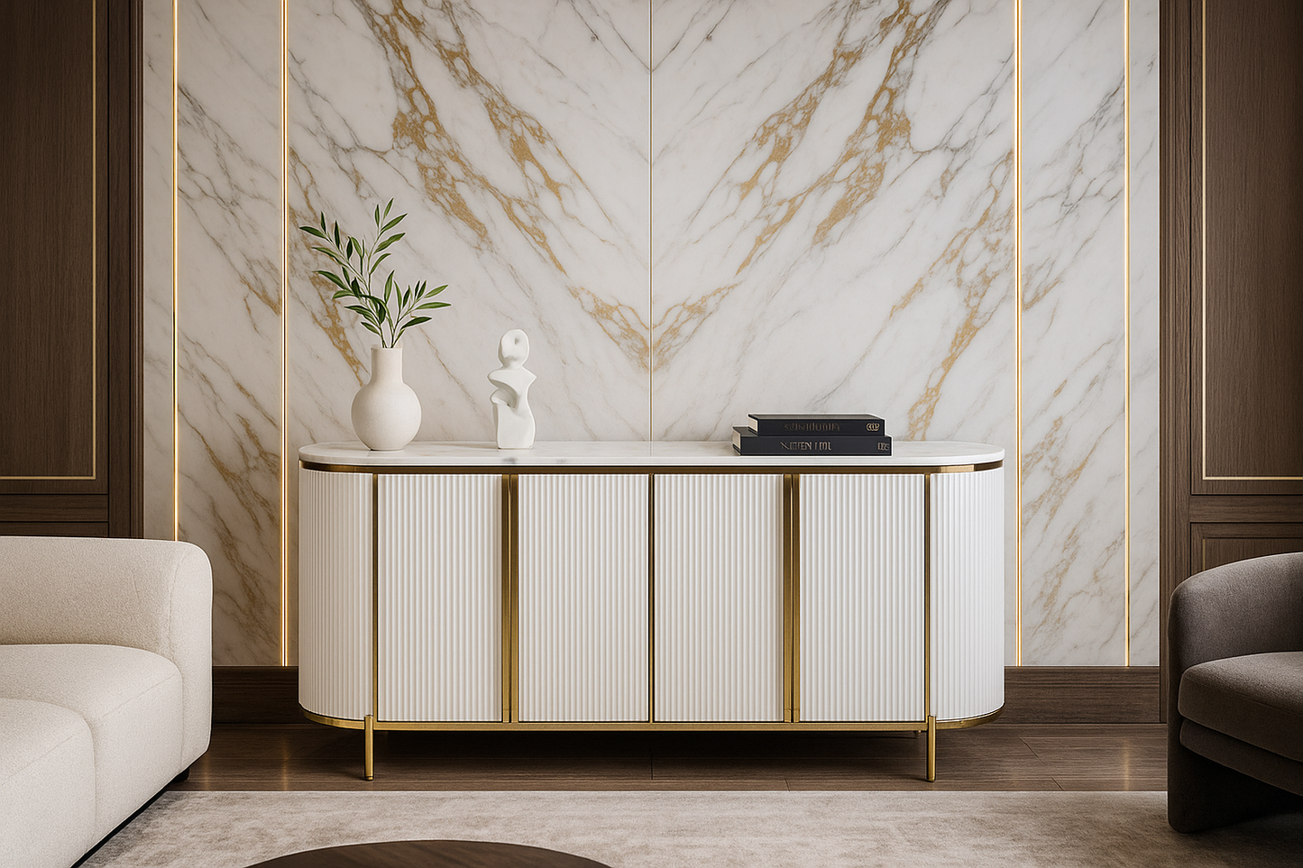 Modern interior with a decorative console table against a marble wall.
