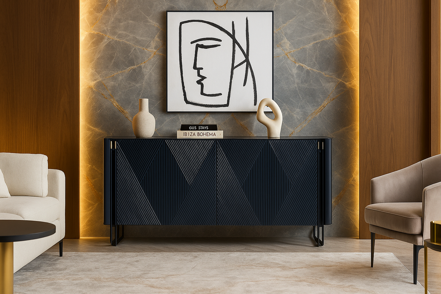 Modern living room with a black geometric radiator, white vase, and abstract art on a marble wall.