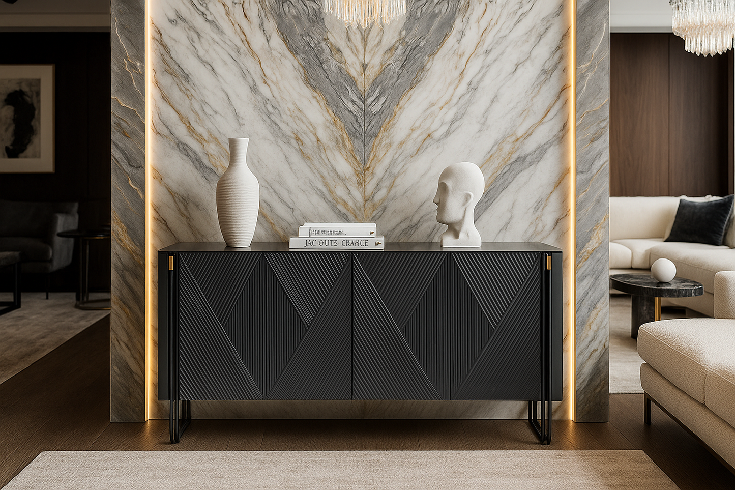 Modern black sideboard against a marble wall in a stylish living room.