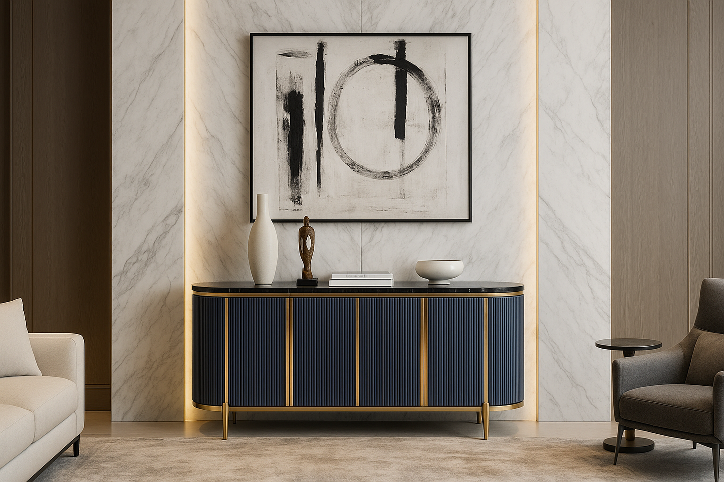 Modern interior with a blue sideboard, abstract art, and decorative items.