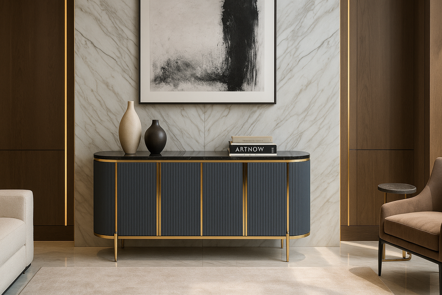 Modern interior with a blue sideboard, abstract art, and vases.