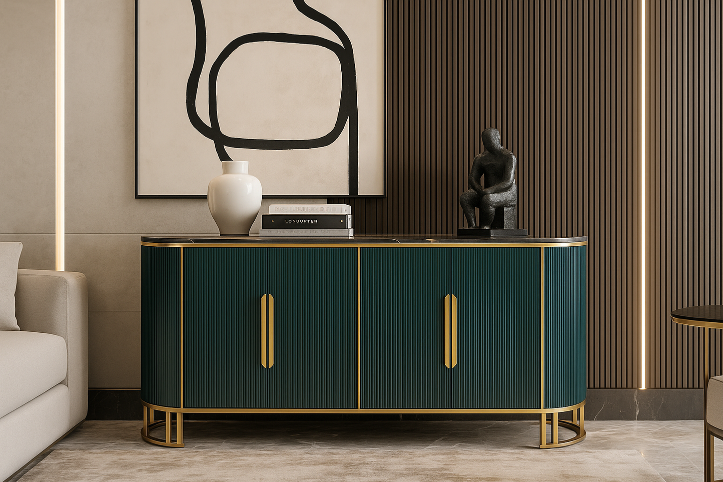 Modern green sideboard with gold accents in a stylish room.