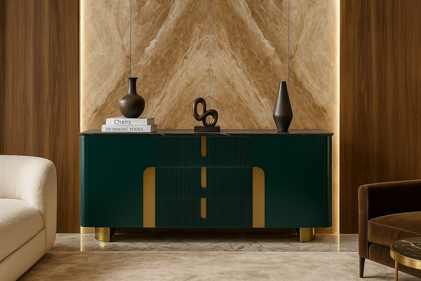 Modern green chester table with gold accents against a marble wall in a living room setting.