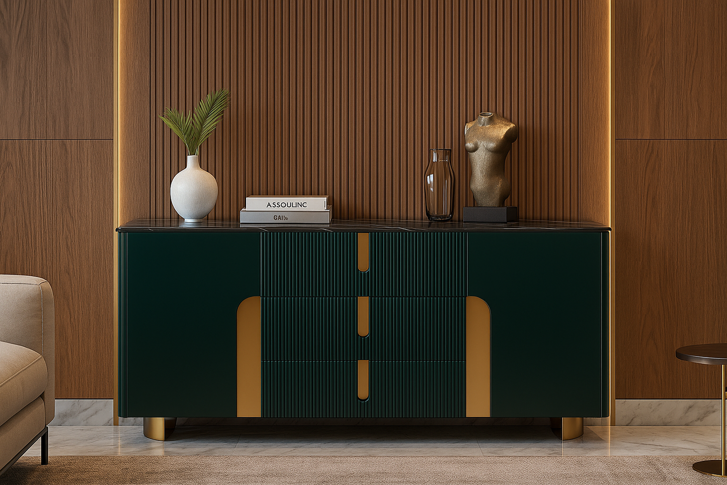 Modern green and gold sideboard against a wooden wall with decorative items.