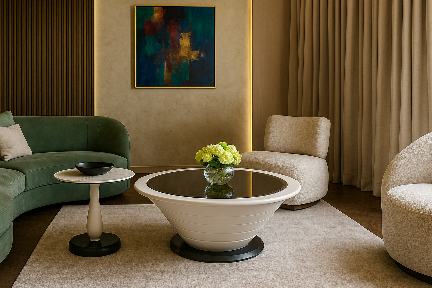 White sculptural coffee table with companion marble pedestal side table — TAS Living