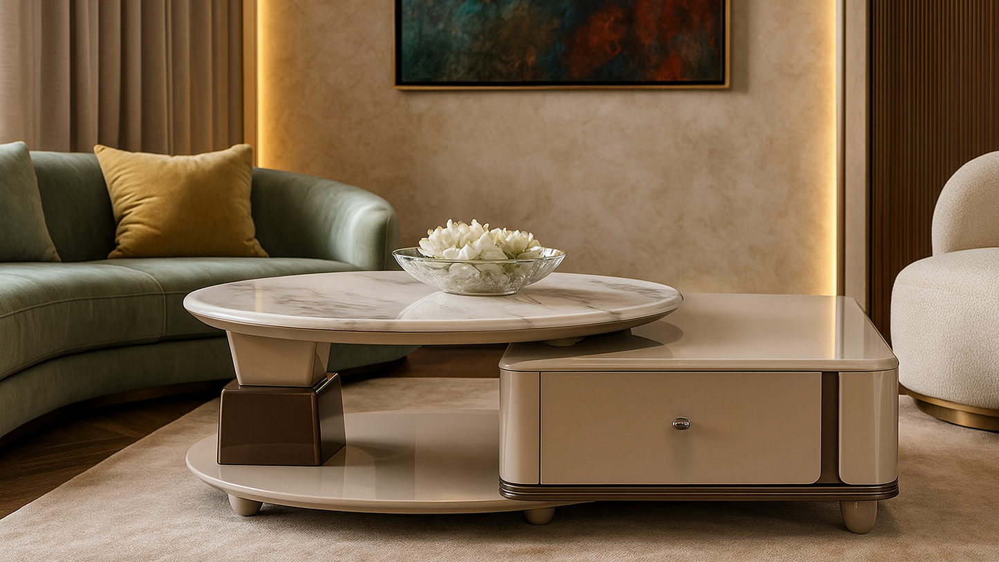 Luxury abstract marble and black oakwood center table in curved designer form – TAS Living