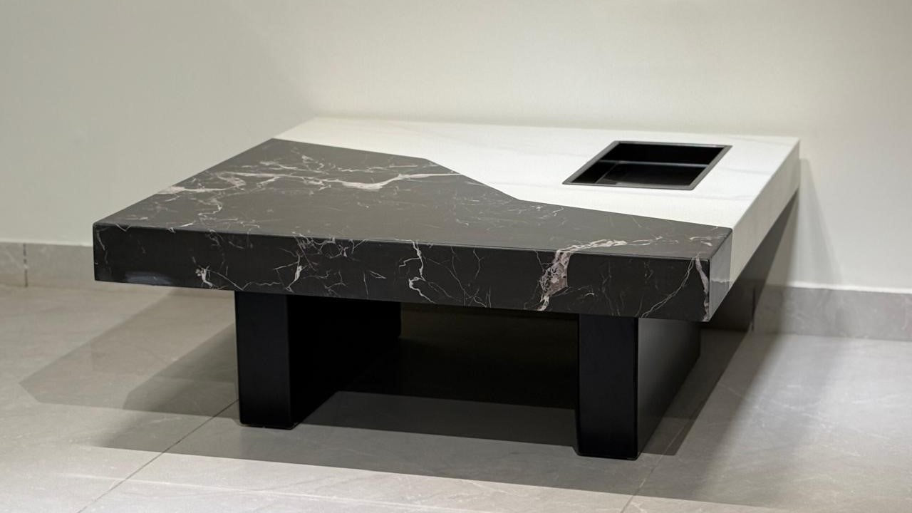 Luxury black and white marble square coffee table with matte black base