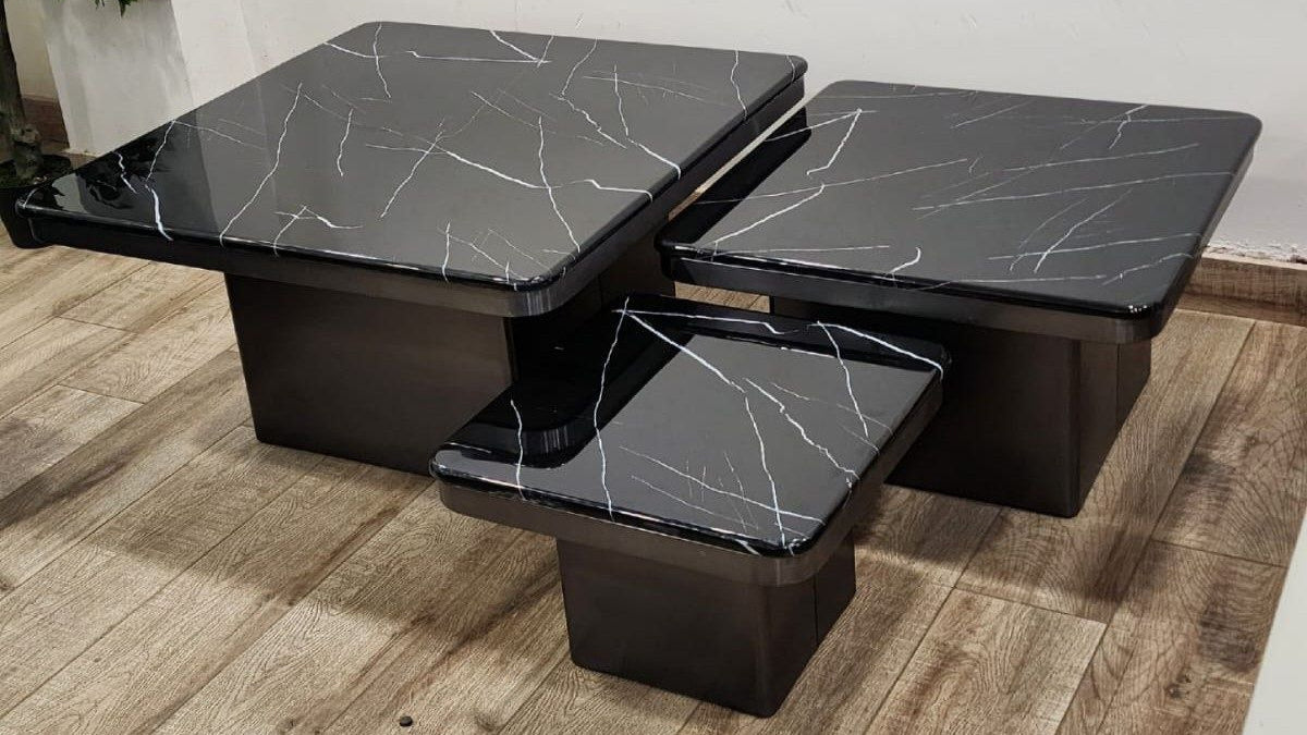 Luxury black marble coffee table set of three with white veining — TAS Living