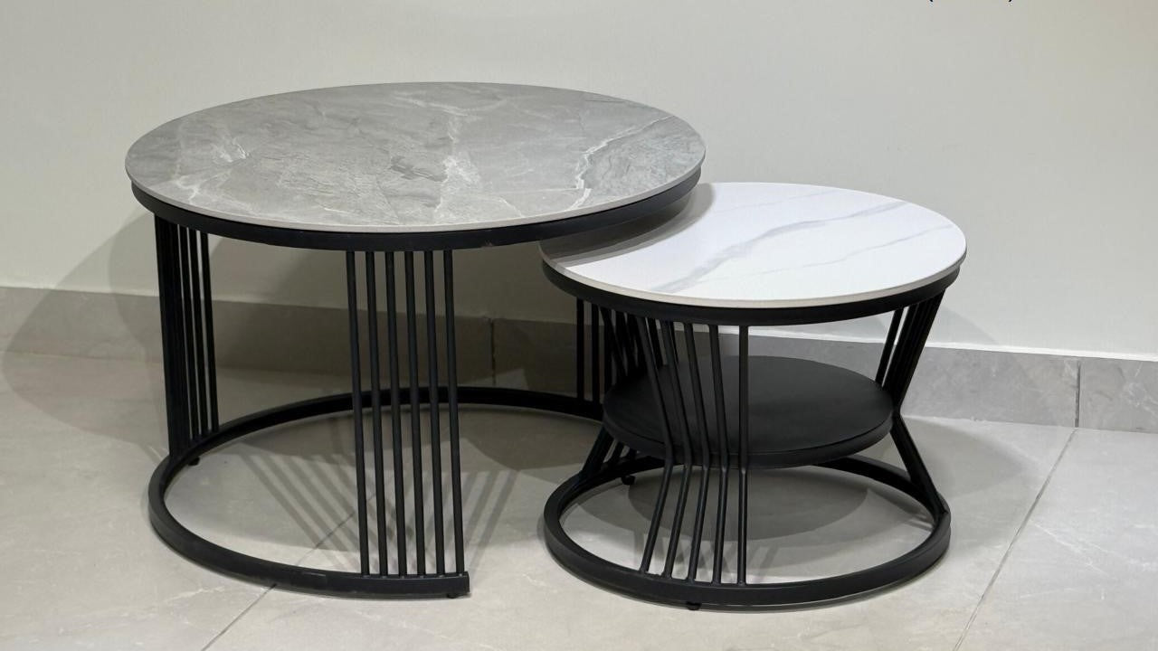 Black powder-coated metal 1+1 center table set with grey and white stone tops – TAS Living