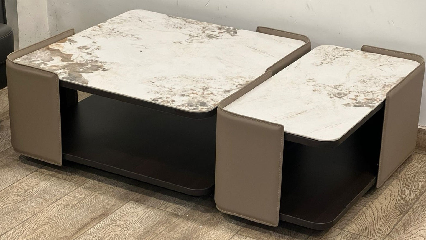Modern Leather Wrapped Marble Center Coffee Table Set