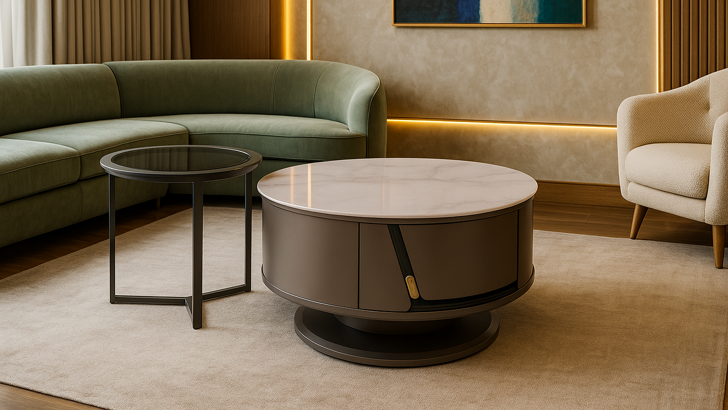 Luxury marble and glass dual coffee table set with contemporary design and refined detailing by TAS Living.