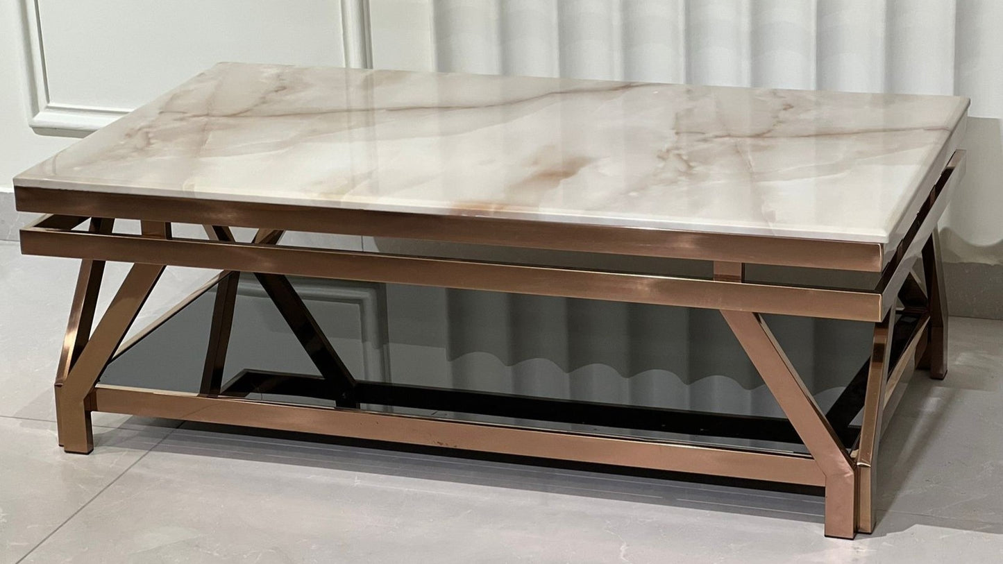 Roségold rectangular marble top center table – luxury coffee table