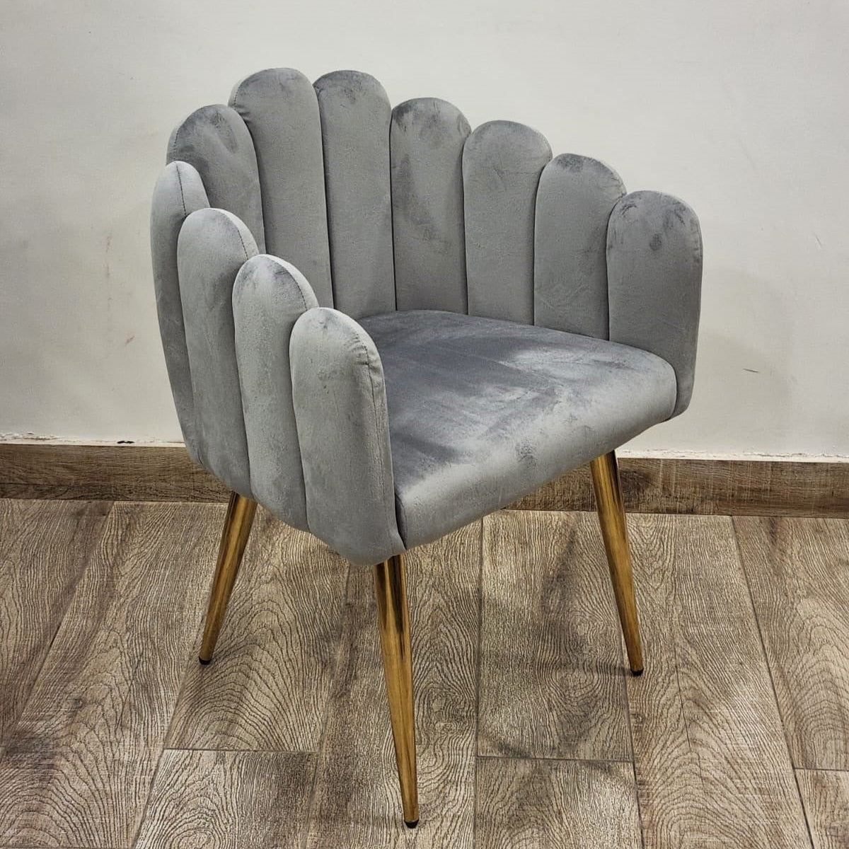 Luxury grey velvet chair with scalloped petal backrest