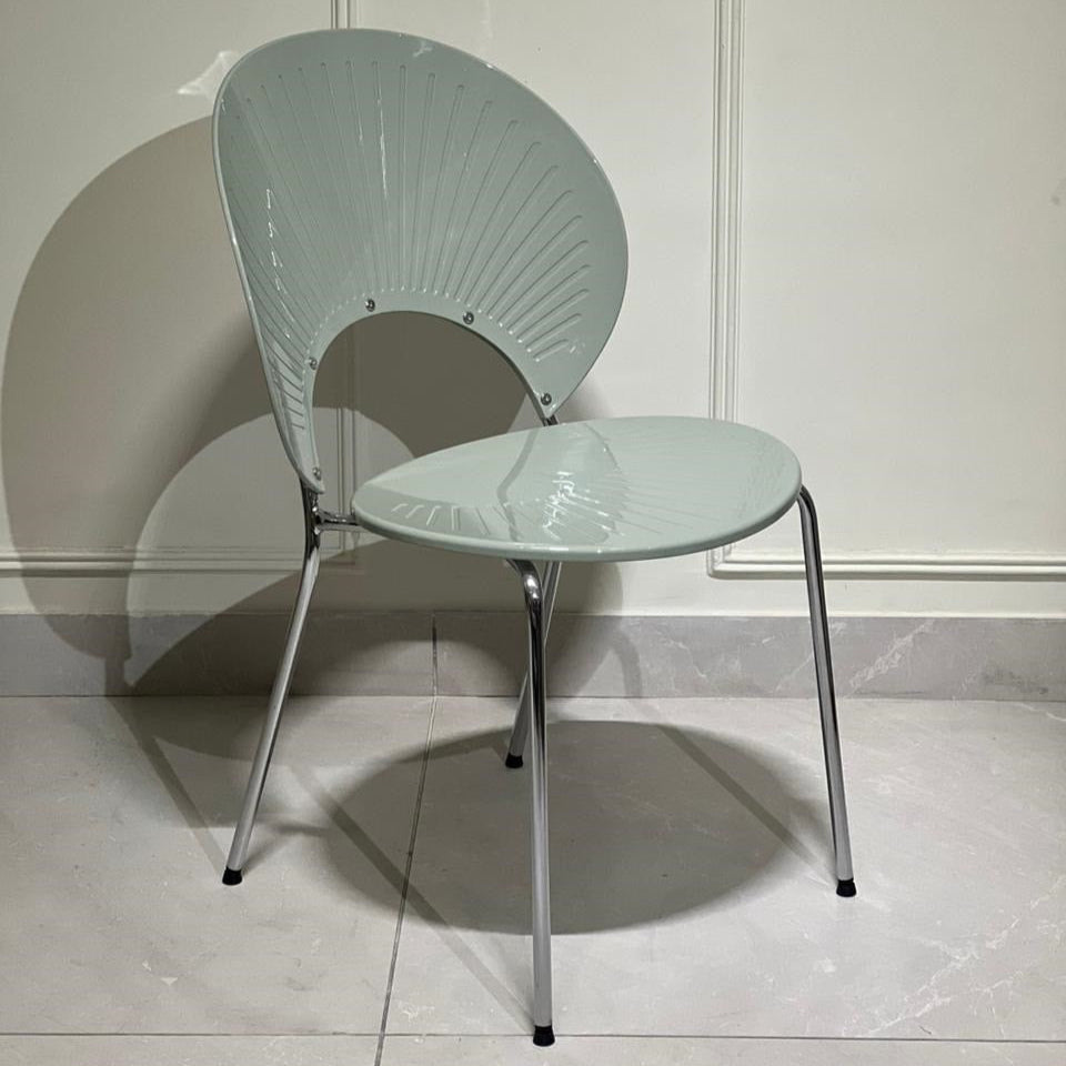 Modern grey shell chair with chrome legs and sculptural back design