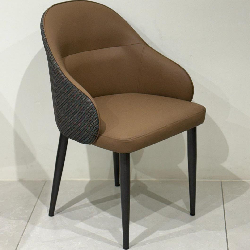 Modern upholstered dining chair in grey with black legs