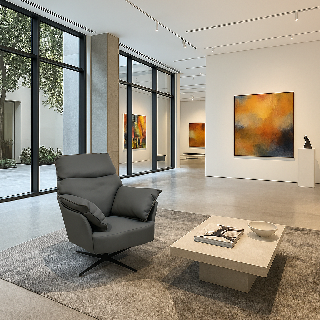 Grey upholstered swivel leisure chair with deep cushioning and modern black metal base.