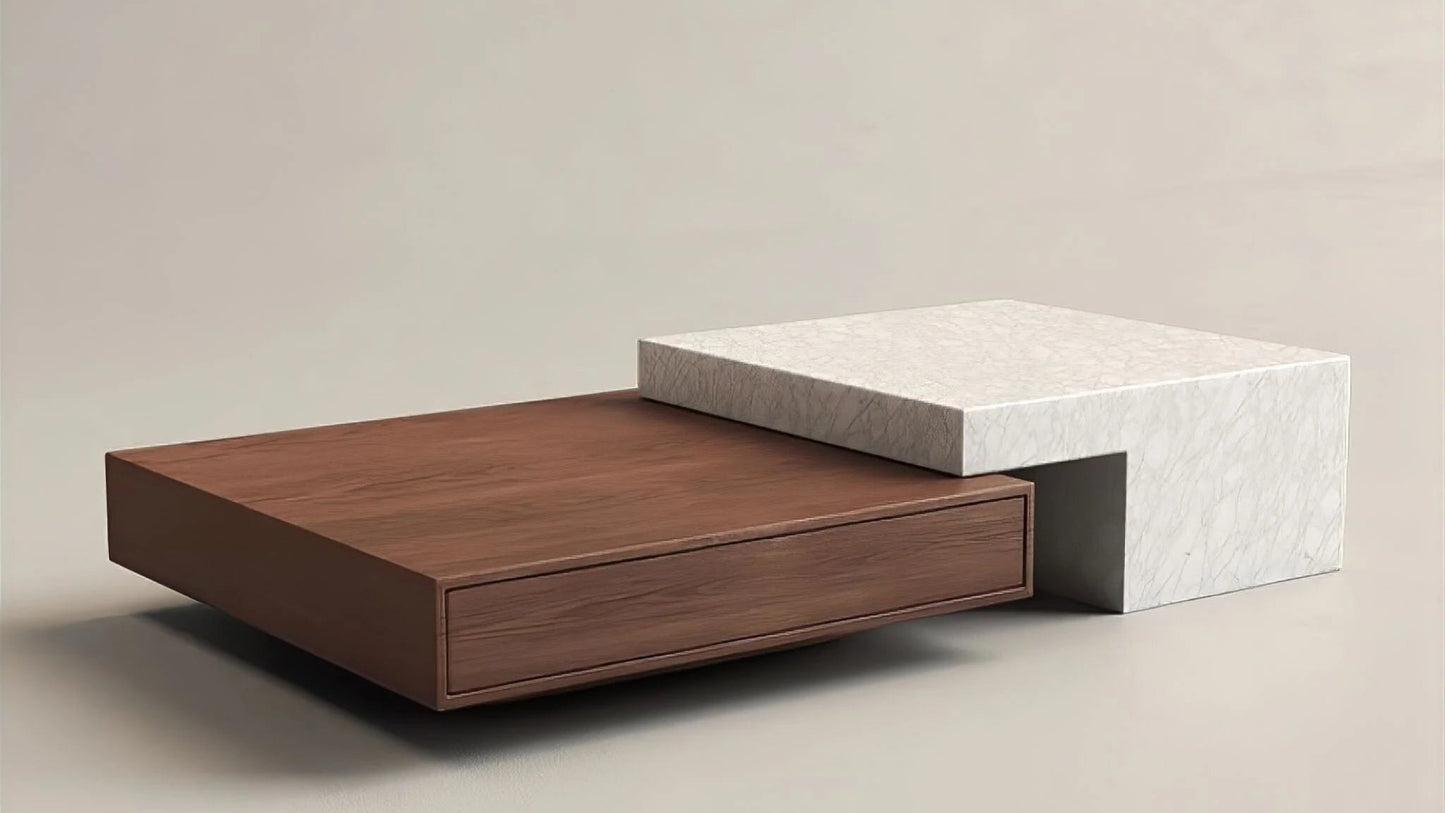 Luxury center coffee table with cantilevered walnut slab and white marble block in architectural L-shape